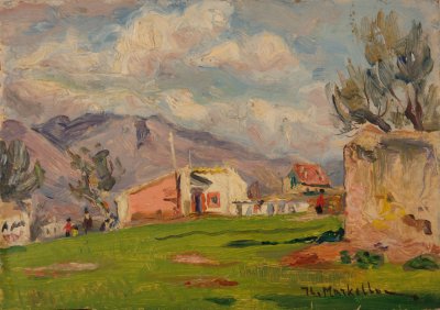 Landscape in Philadelphia with Parnitha Background — Oil painting, Fiberboard, 21.00×29.50cm — Theodoros Markellos